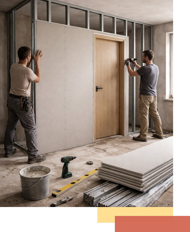 Перегородка из гипсокартона с дверью под ключ в Торжке