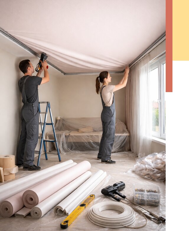 Монтаж цветного натяжного потолка в Торжке от 4294 руб/м² — быстро и недорого | ОТДЕЛОЧНИК-Трж