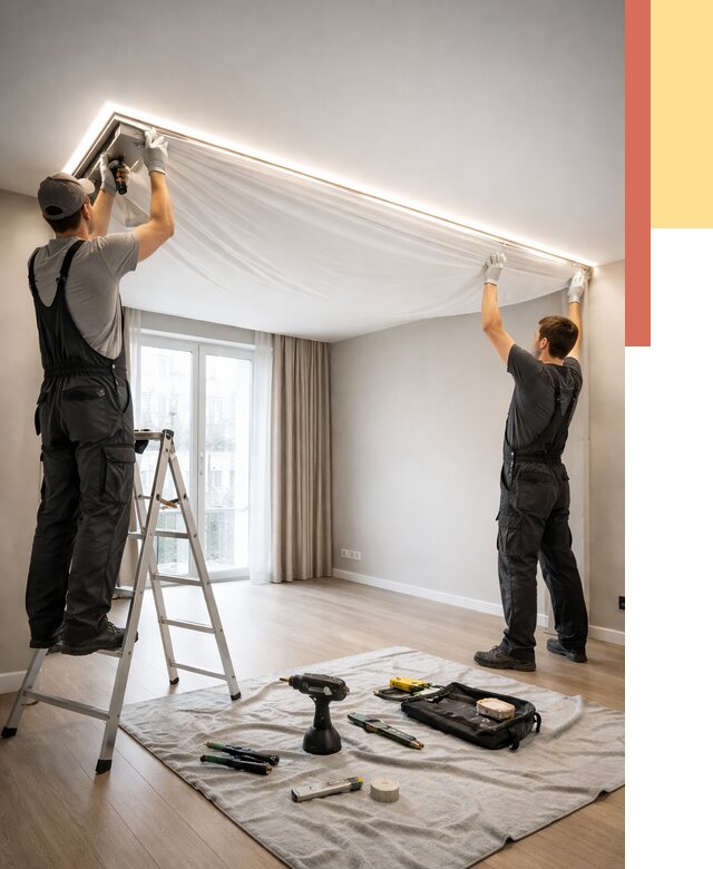 Монтаж парящего натяжного потолка в Торжке от 4601 руб. быстро и недорого | ОТДЕЛОЧНИК-Трж