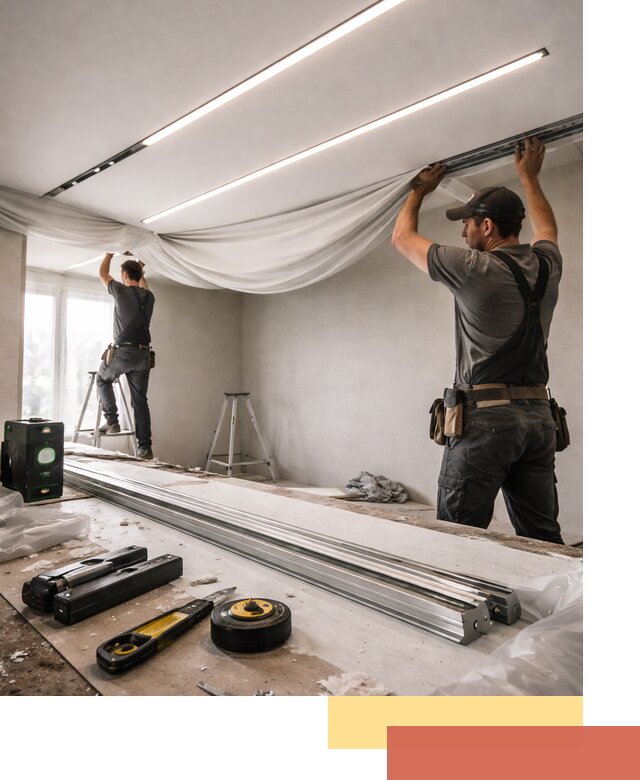 Монтаж натяжных потолков со световыми линиями в Торжке