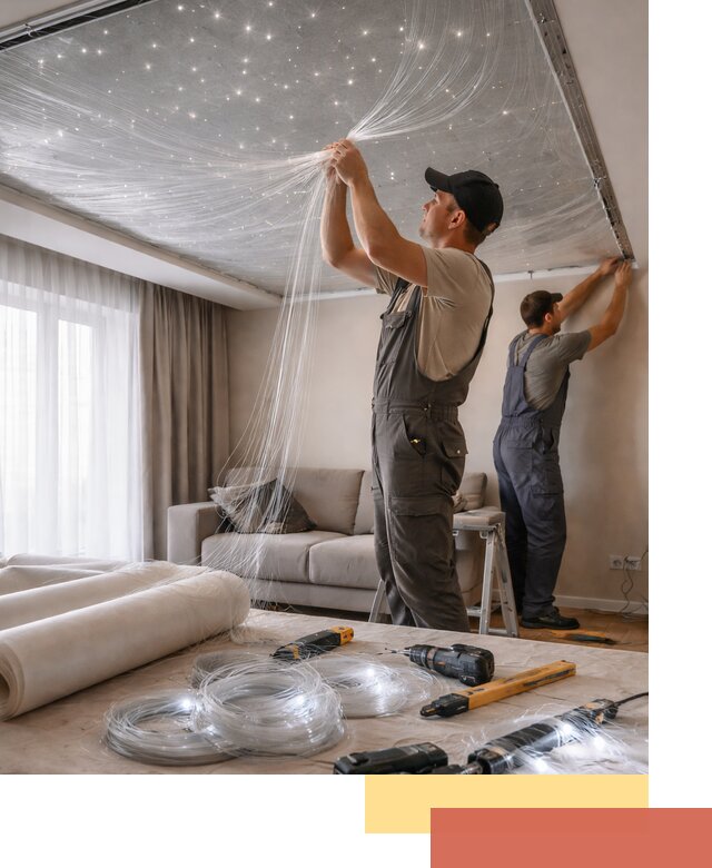 Монтаж натяжного потолка «Звездное небо» в Торжке