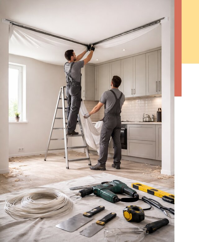 Установка натяжного потолка на кухне в Торжке от 2454 руб. | ОТДЕЛОЧНИК-Трж