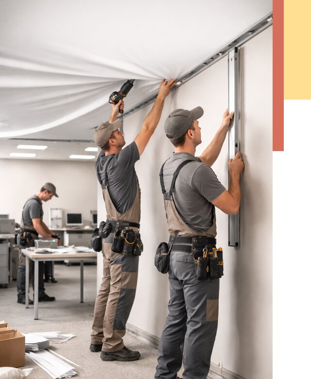 Монтаж натяжного потолка в офисе в Торжке от 460 руб/м² — быстро и недорого | ОТДЕЛОЧНИК-Трж