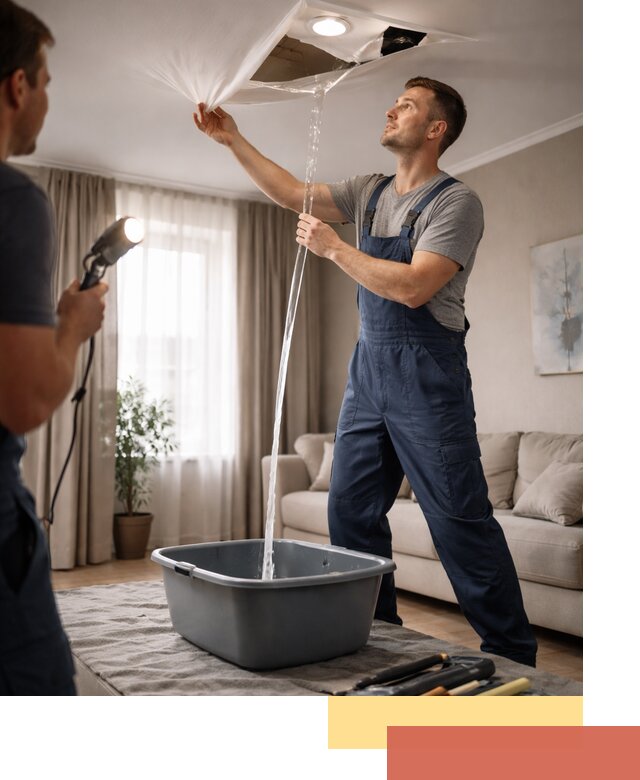 Слив воды с натяжного потолка в Торжке быстро и аккуратно