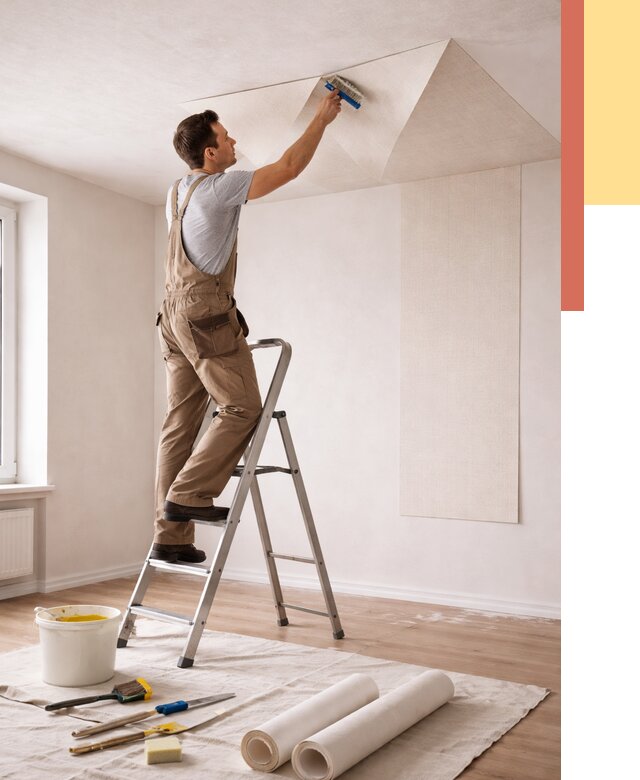 Поклейка обоев на потолок в Торжке от 4601 руб. быстро и недорого | ОТДЕЛОЧНИК-Трж